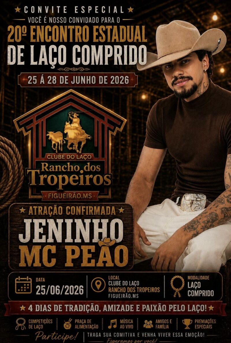 Imagem ilustrativa da matéria 20º Encontro Estadual de Laço Comprido de Figueirão terá shows Loubet, Jeninho MC Peão , e premiação de mais de R$60 mil
